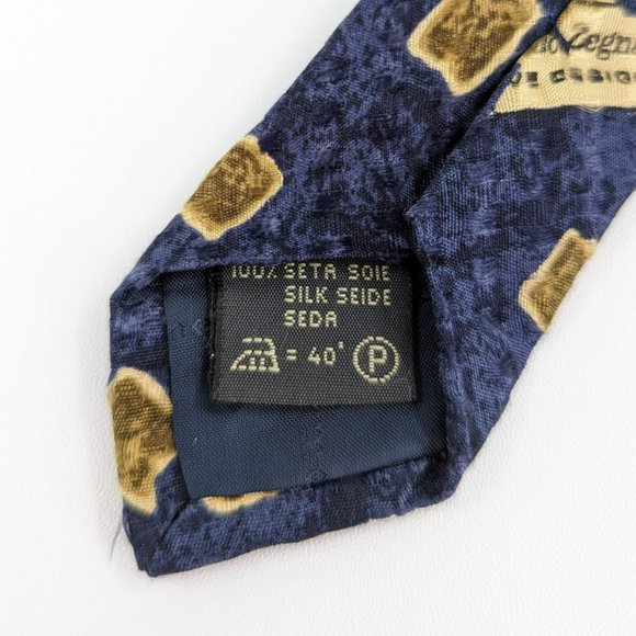 Ermenegildo Zegna Tie Navy Olive Tan 100% Silk Made in Italy Geometric Art Deco - Picture 6 of 8